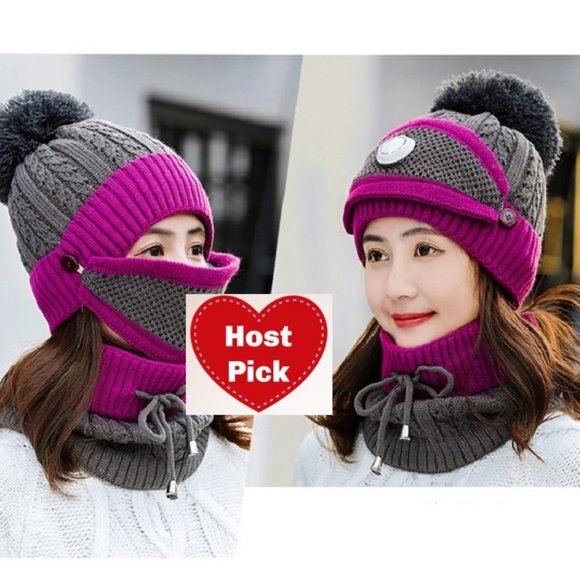 Knit Beanie Hat + Neck Scarf + Mask combo 3pc set - Picture 1 of 5